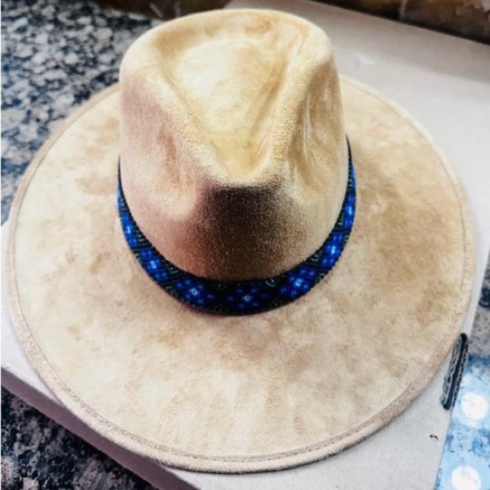 Tan Suede Hat with Blue Band